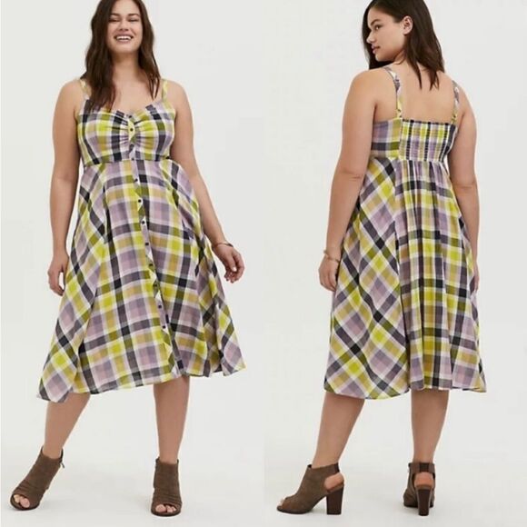 TORRID MULTI COLOR PLAID CHALLIS BUTTON FRONT DRESS - Picture 1 of 9